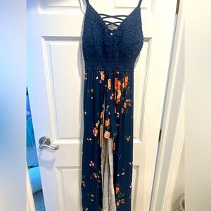 Navy blue floral No Boundaries split maxi romper size L 11-13
